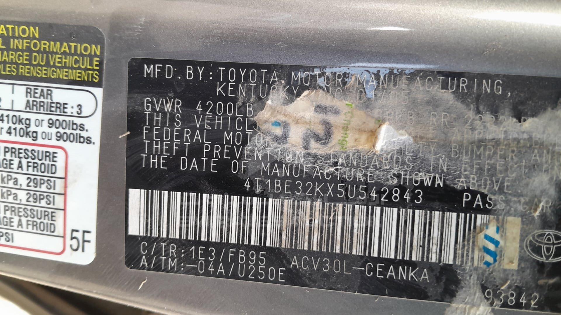 2005 TOYOTA CAMRY VIN: 4T1BE32KX5U542843