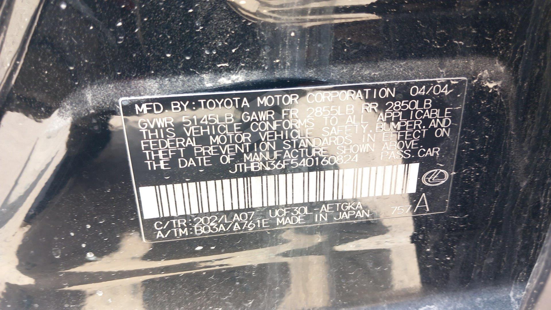 2004 LEXUS LS 430 VIN: JTHBN36F540160824