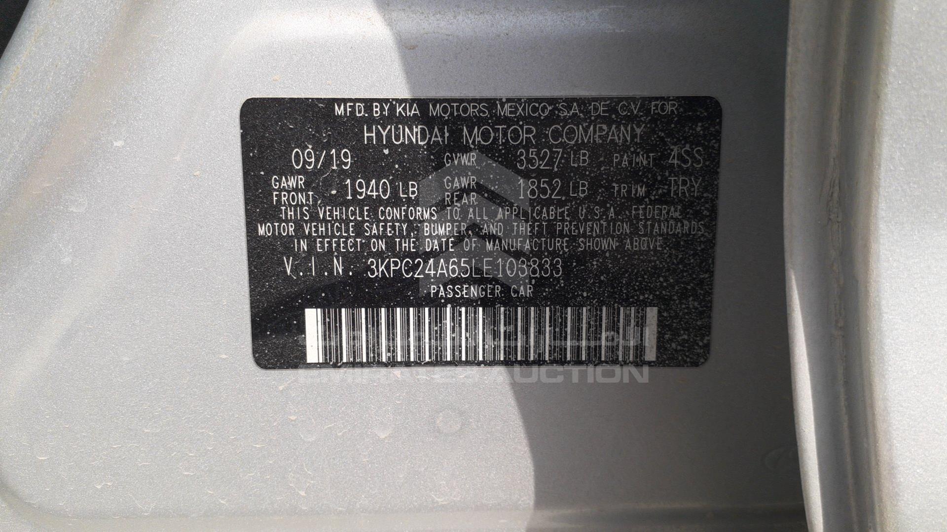 2020 HYUNDAI ACCENT VIN: 3KPC24A65LE103833