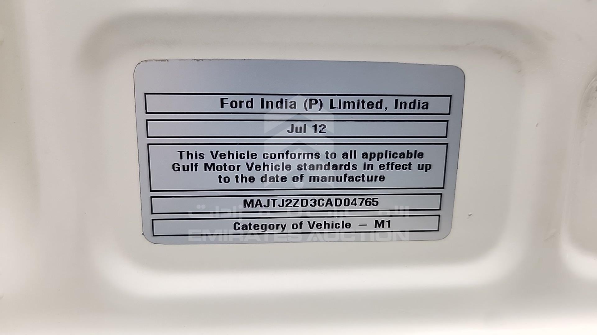 2012 FORD FIGO VIN: MAJTJ2ZD3CAD04765