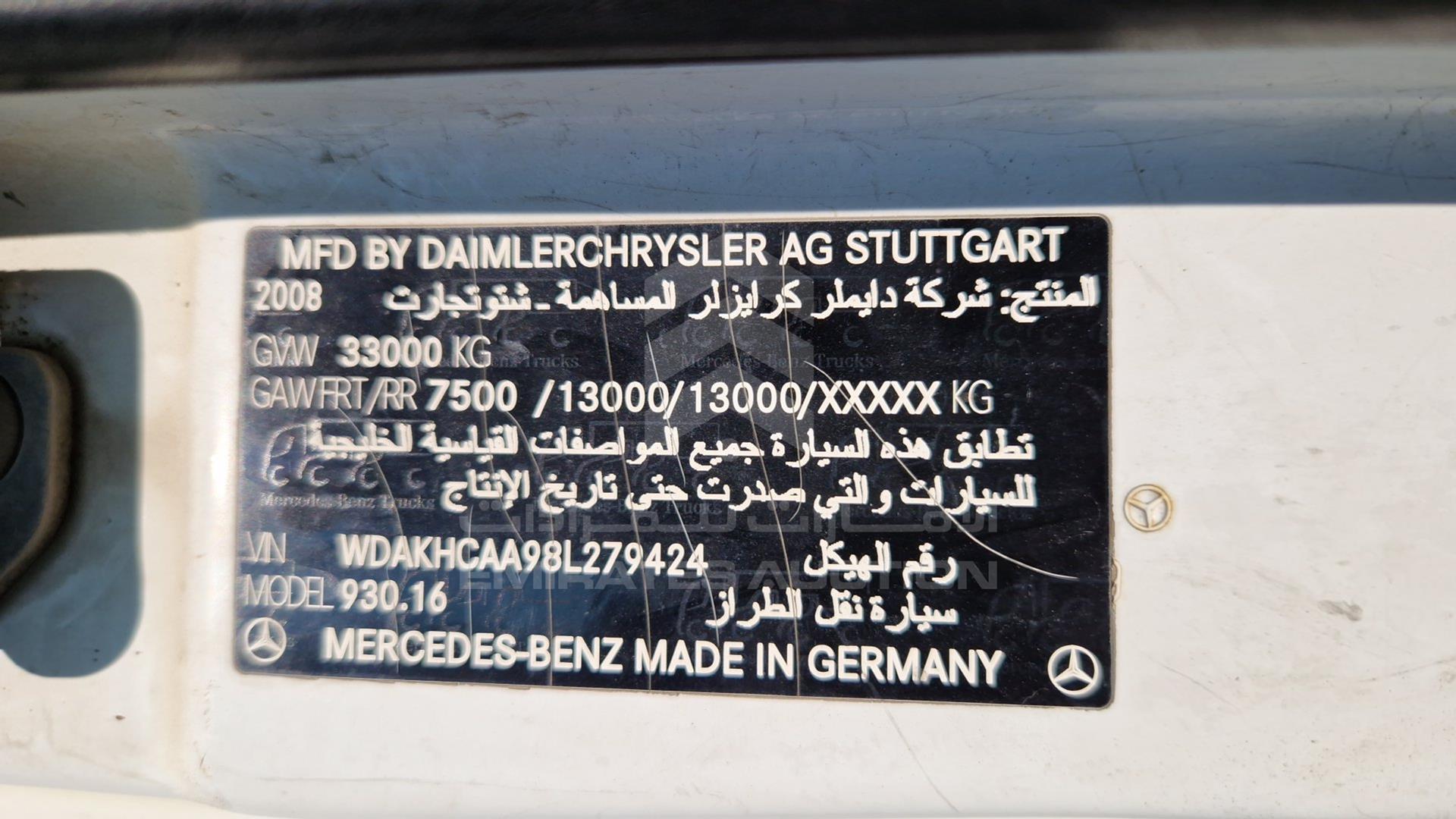 2008 MERCEDES ACTROS VIN: WDAKHCAA98L279424