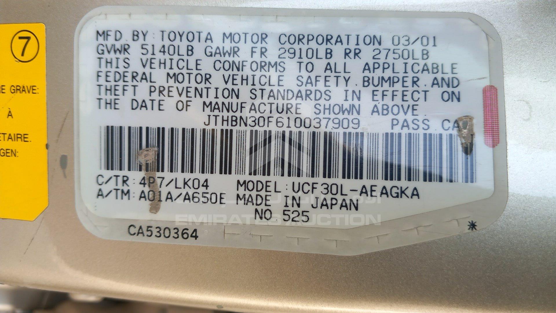 2001 LEXUS LS 430 VIN: JTHBN30F610037909