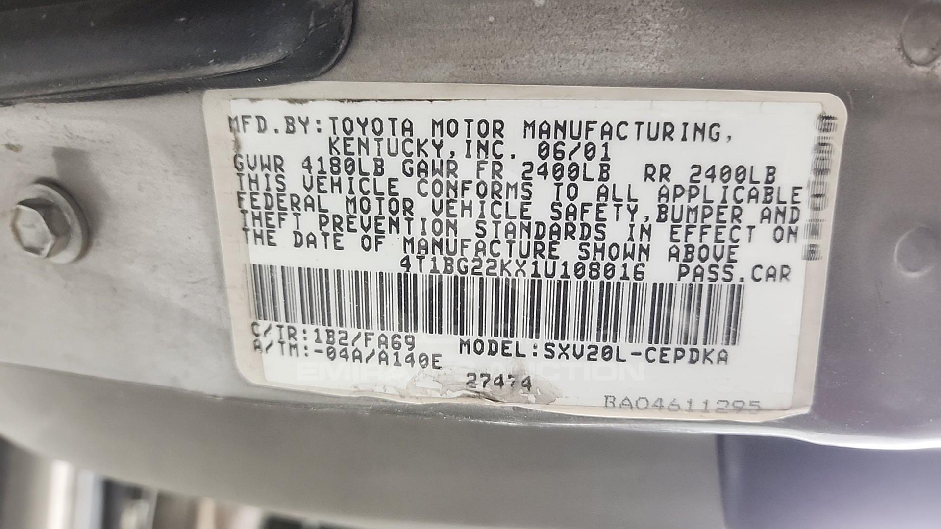 2001 TOYOTA CAMRY VIN: 4T1BG22KX1U108016