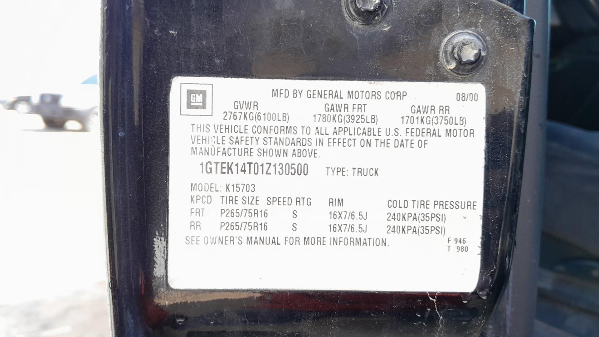 2001 GMC SIERRA VIN: 1GTEK14T01Z130500