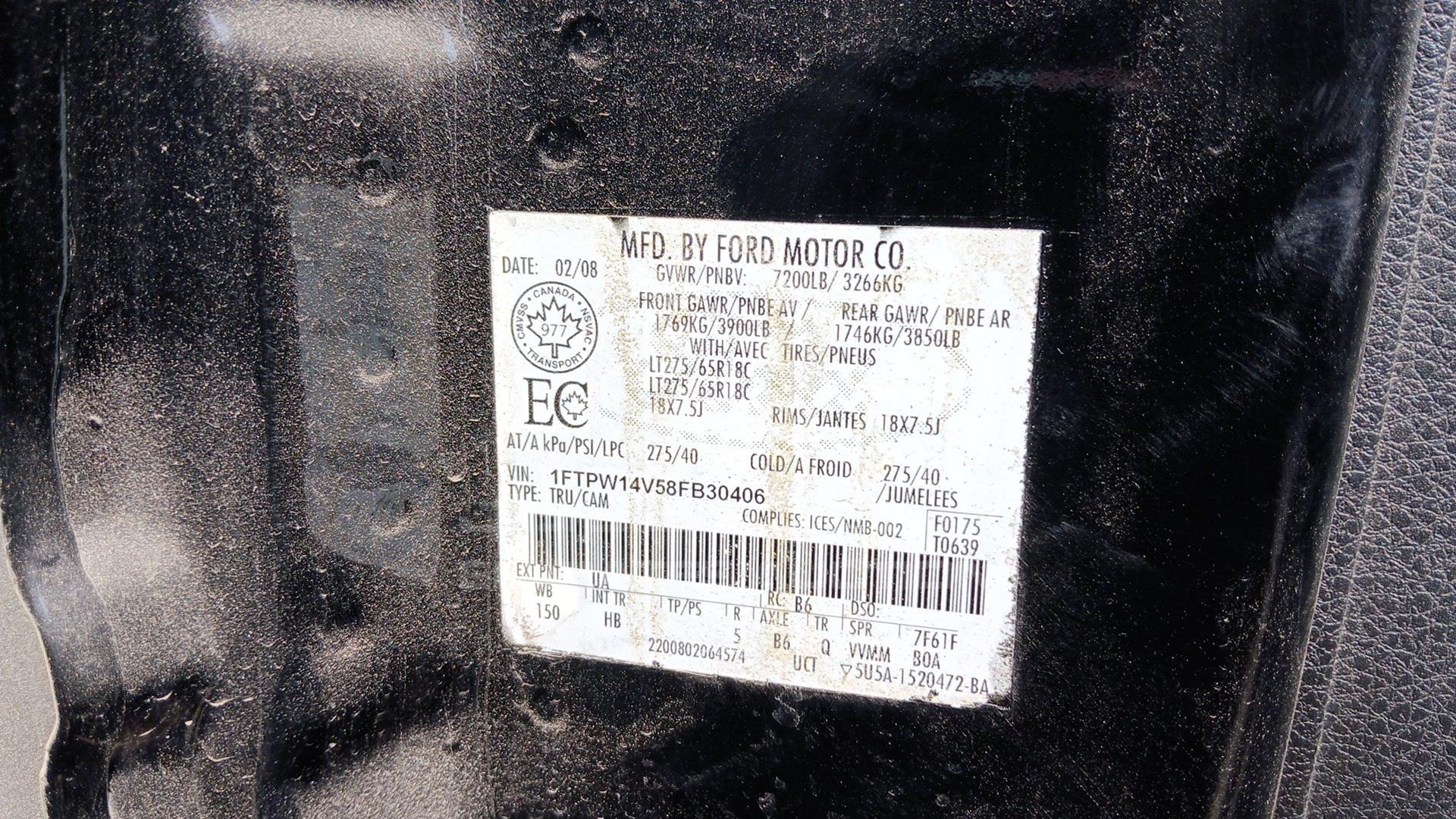 2008 FORD F-150 VIN: 1FTPW14V58FB30406