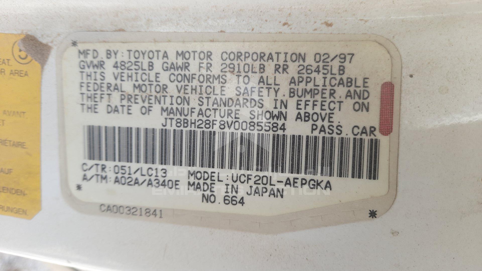 1997 LEXUS LS400 VIN: JT8BH28F8V0085584