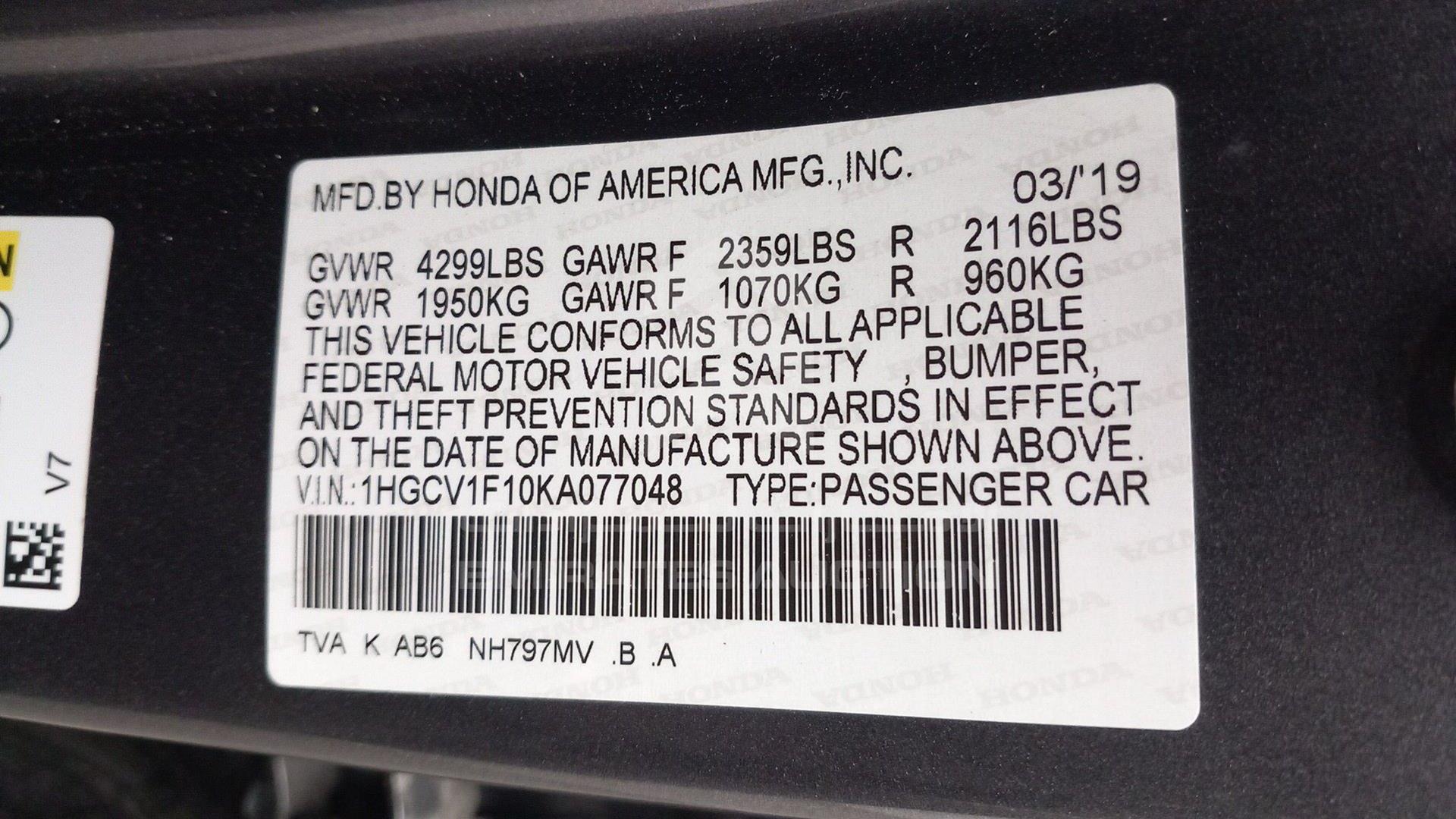 2019 HONDA ACCORD VIN: 1HGCV1F10KA077048