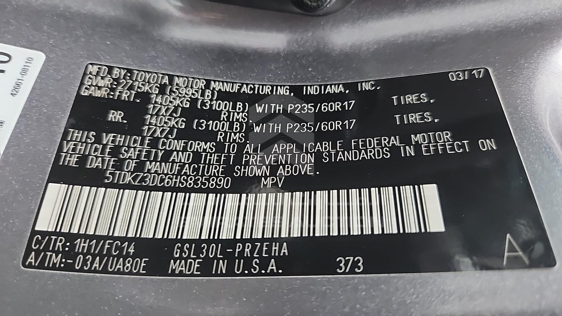 2017 TOYOTA SIENA VIN: 5TDKZ3DC6HS835890