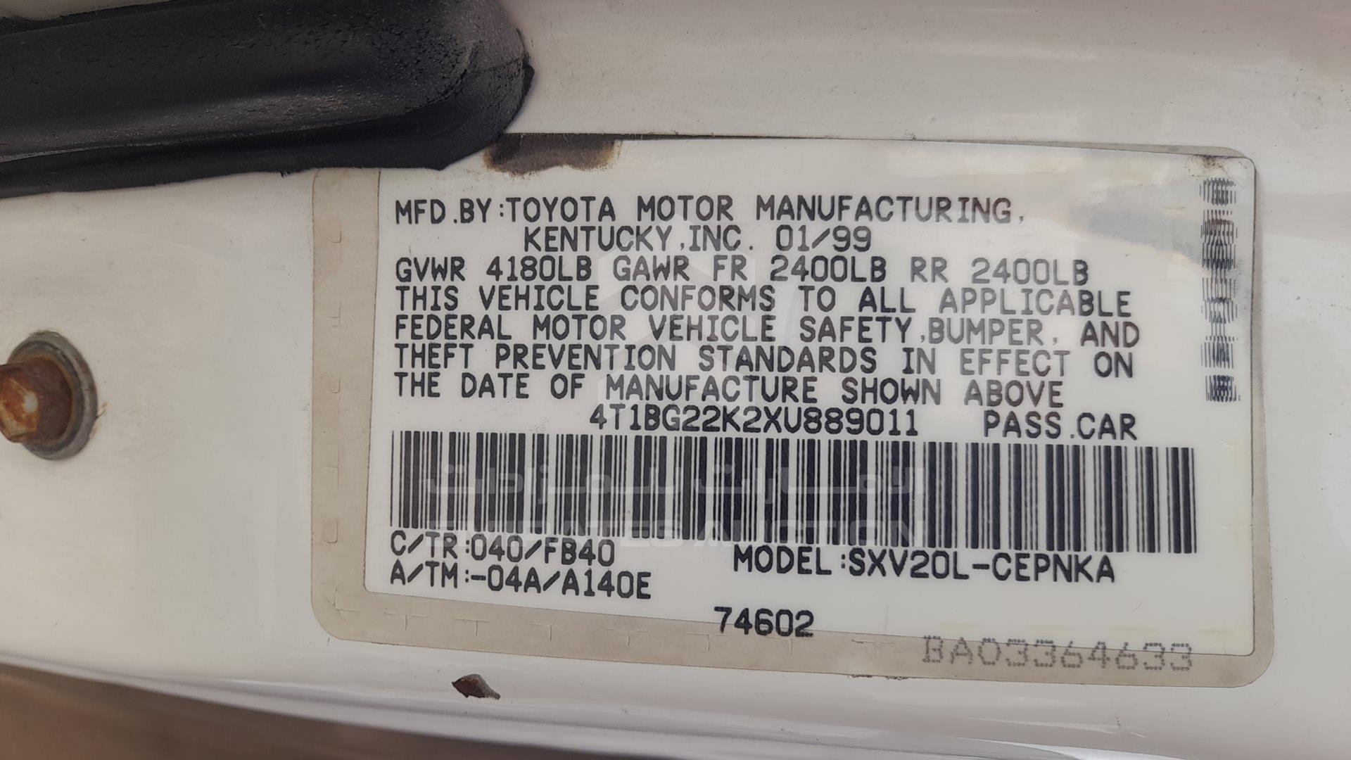 1999 TOYOTA CAMRY VIN: 4T1BG22K2XU889011