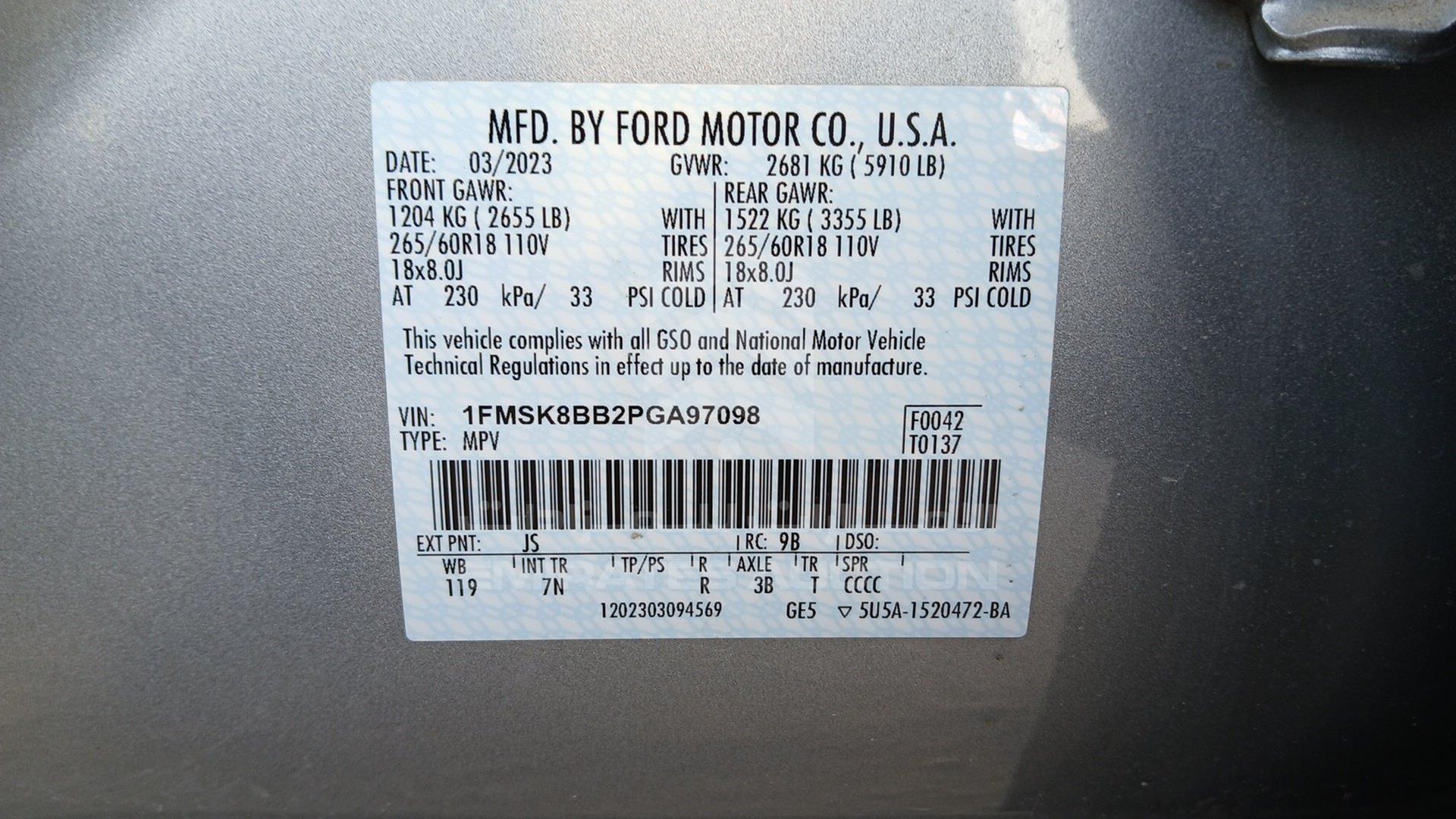 2023 FORD EXPLORER VIN: 1FMSK8BB2PGA97098