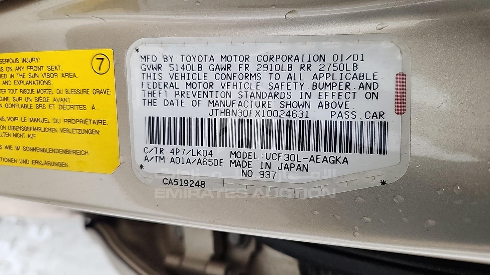2001 LEXUS LS 430 VIN: JTHBN30FX10024631