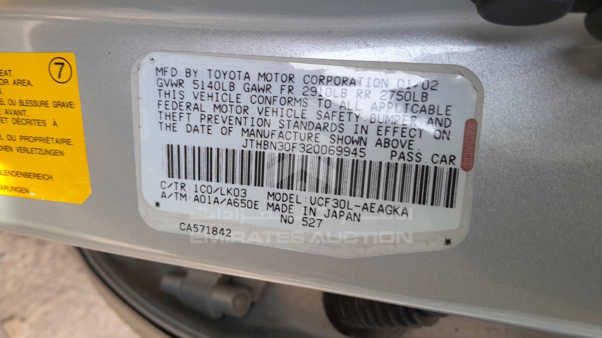 2002 LEXUS LS 430 VIN: JTHBN30F320069945