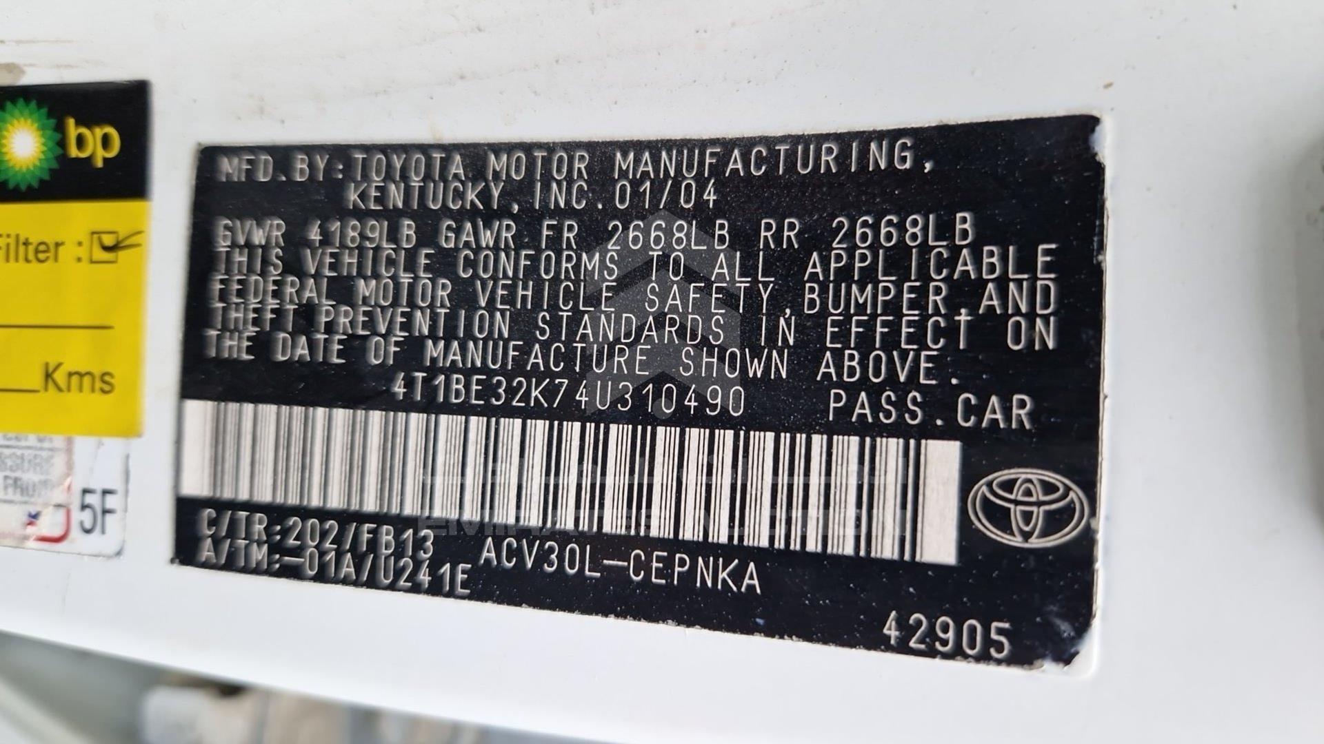 2004 TOYOTA CAMRY VIN: 4T1BE32K74U310490