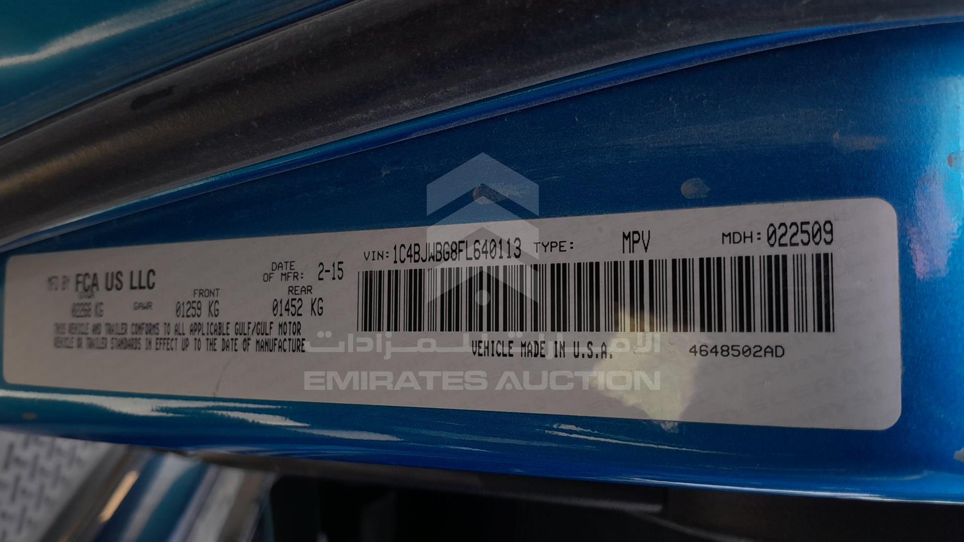 2015 JEEP WRANGLER / VIN: 1C4BJWBG8FL640113
