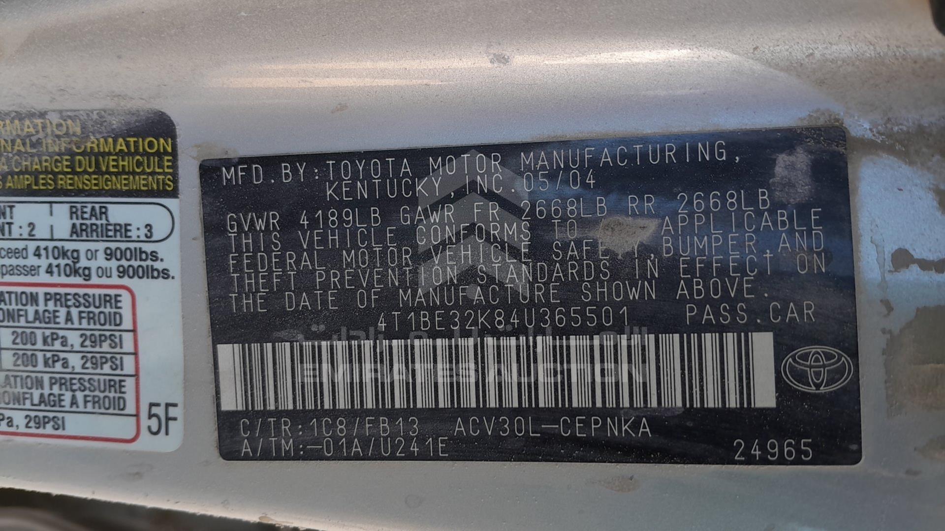 2004 TOYOTA CAMRY VIN: 4T1BE32K84U365501