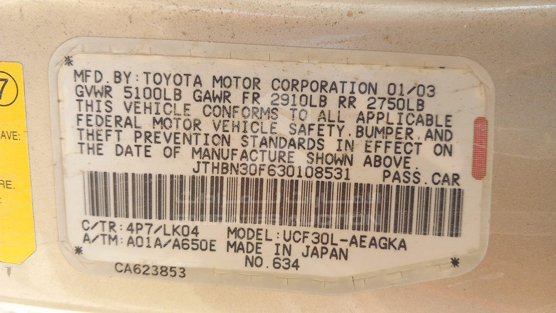 2003 LEXUS LS 430 VIN: JTHBN30F630108531