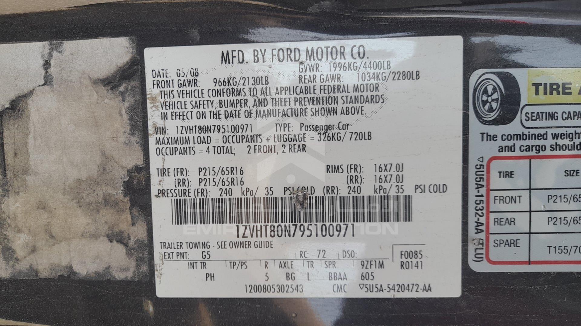 2009 FORD MUSTANG VIN: 1ZVHT80N795100971