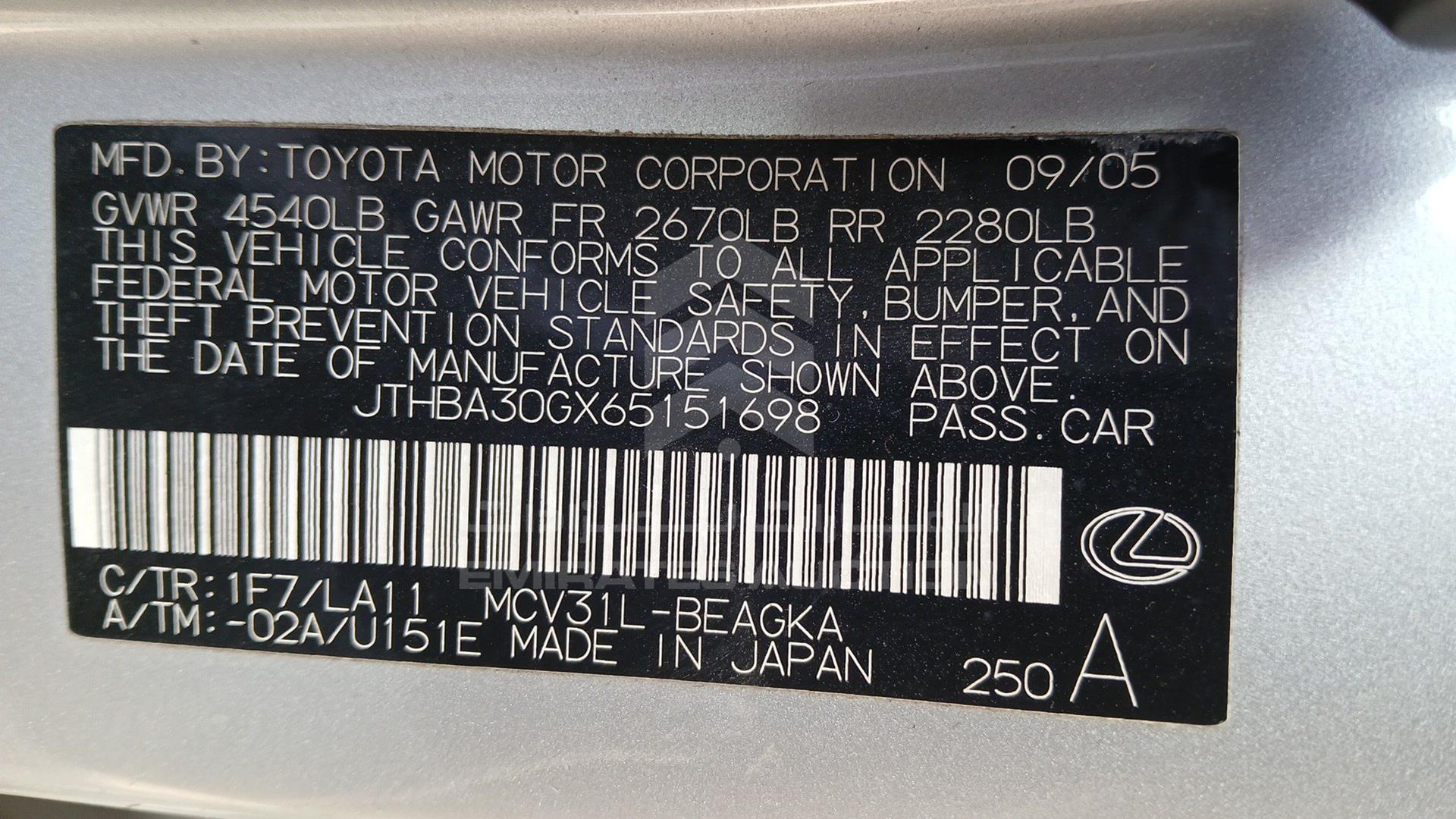 2005 LEXUS ES 330 VIN: JTHBA30GX65151698