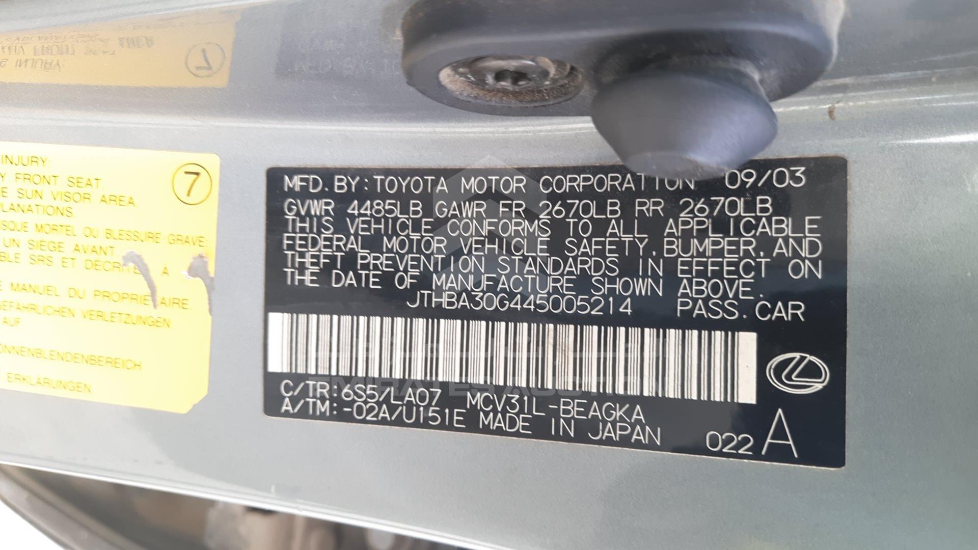 2004 LEXUS ES 330 VIN: JTHBA30G445005214