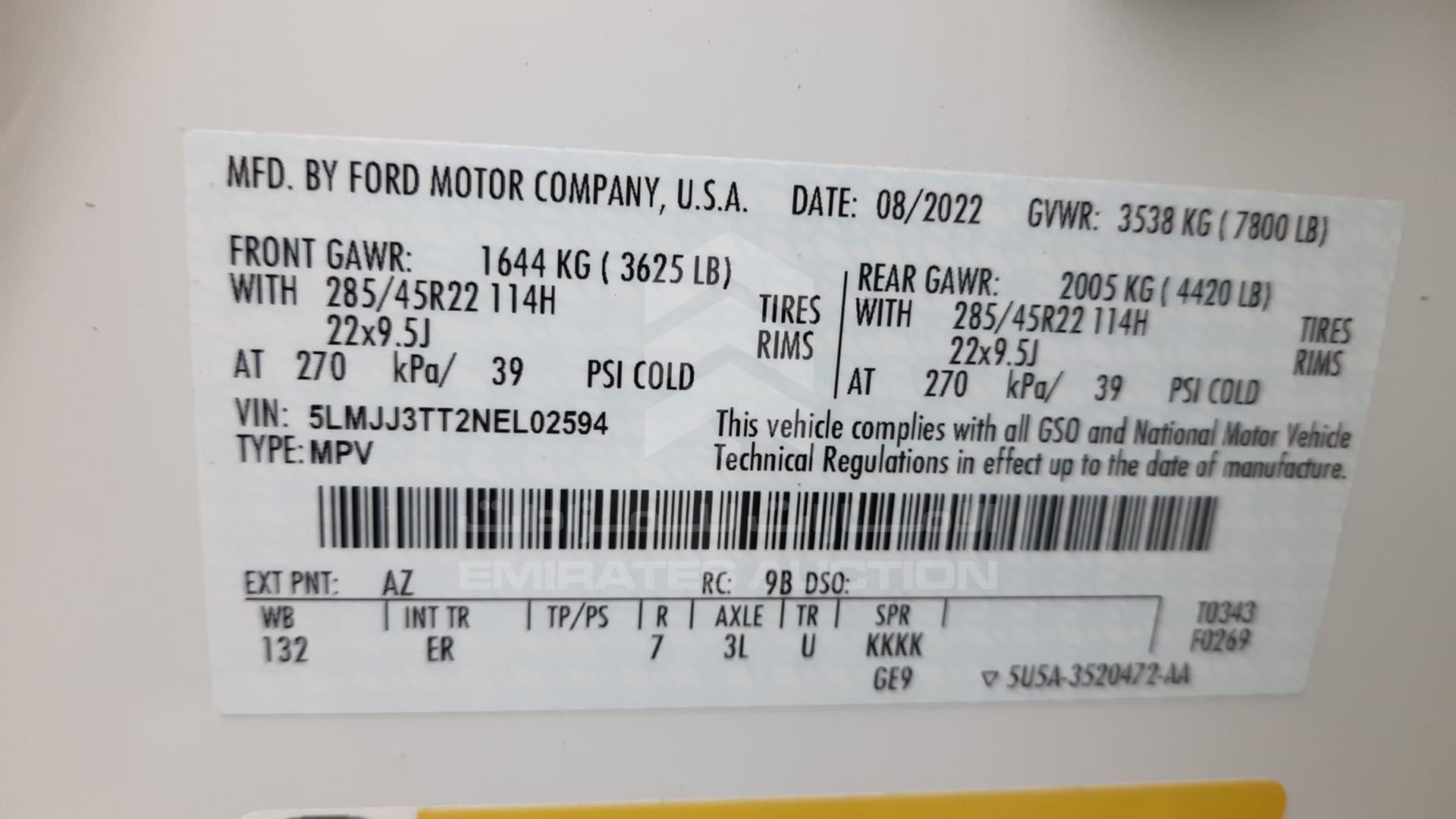 2022 LINCOLN NAVIGATOR VIN: 5LMJJ3TT2NEL02594