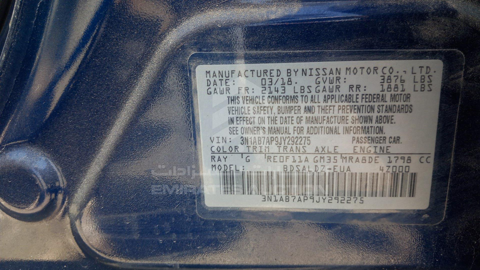 2018 NISSAN SENTRA VIN: 3N1AB7AP9JY292275