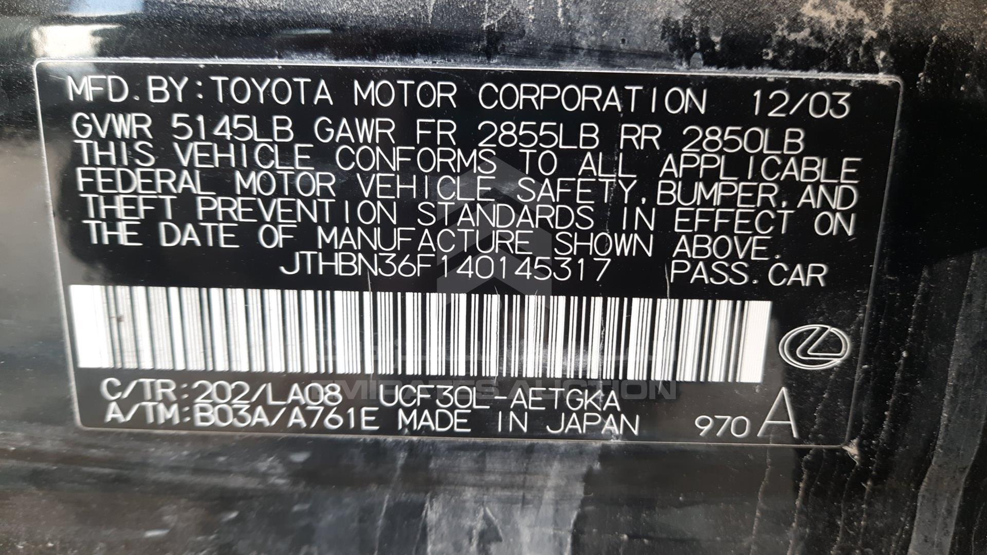 2004 LEXUS LS 430 VIN: JTHBN36F140145317