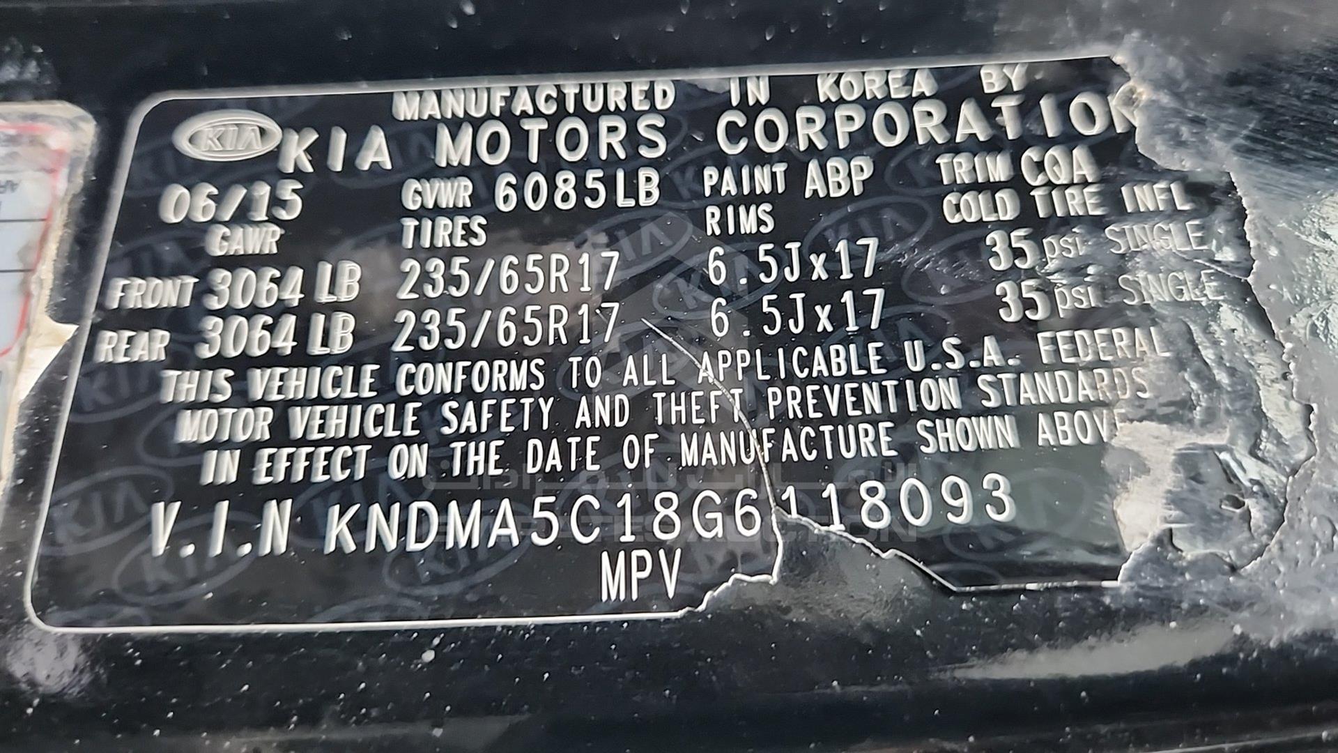 2016 KIA SEDONA VIN: KNDMA5C18G6118093