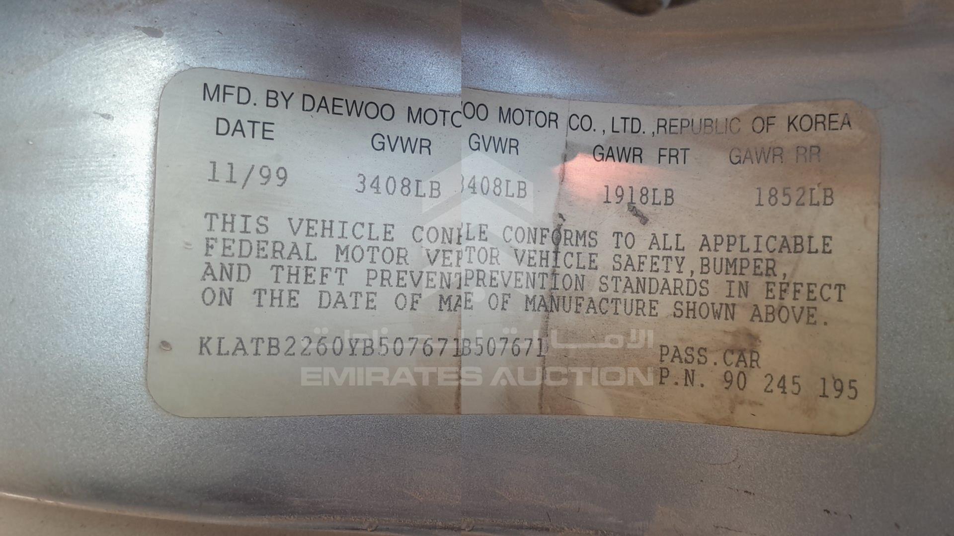 2000 DAEWOO LANOS VIN: KLATB2260YB507671