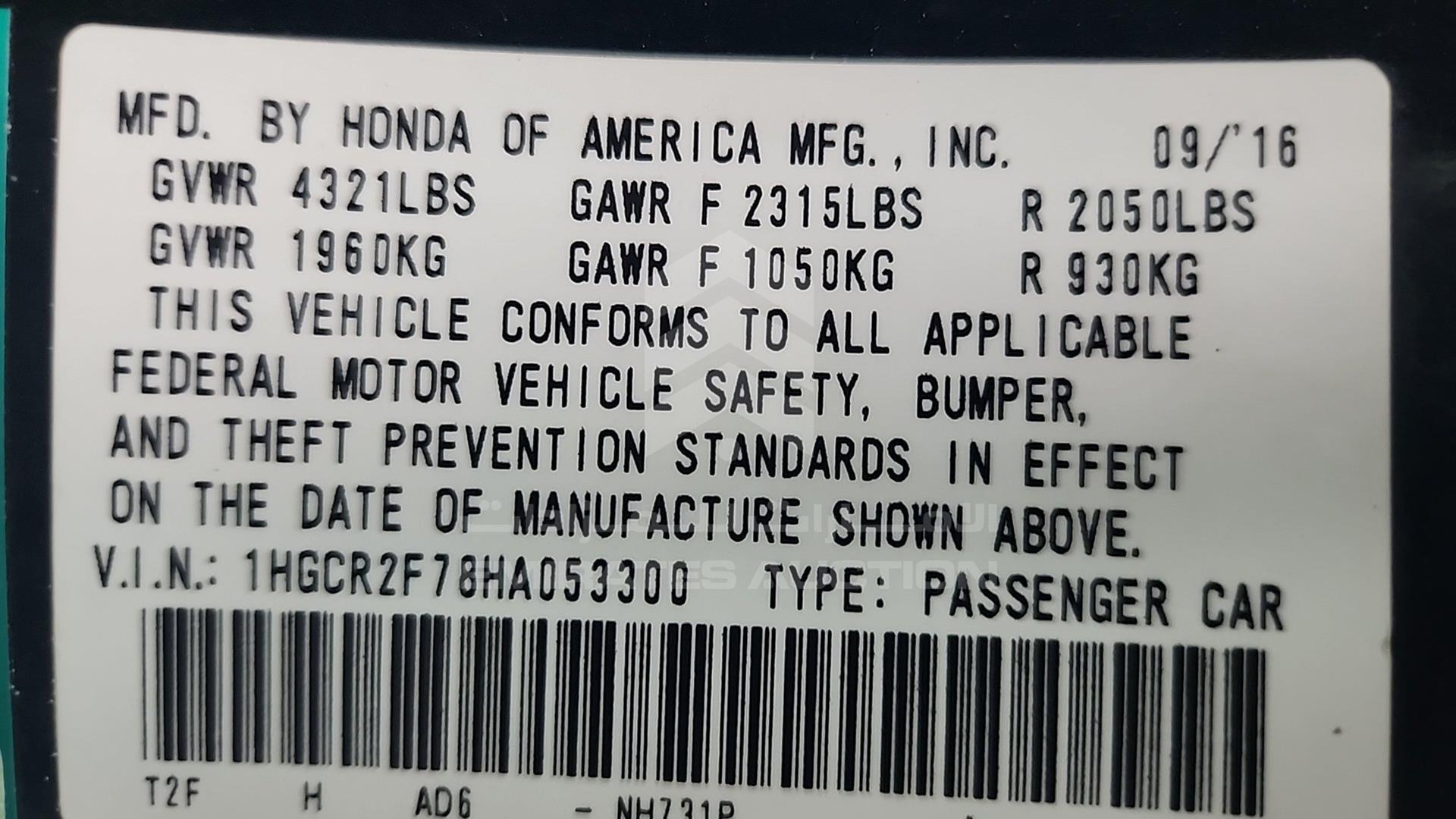 2017 HONDA ACCORD VIN: 1HGCR2F78HA053300