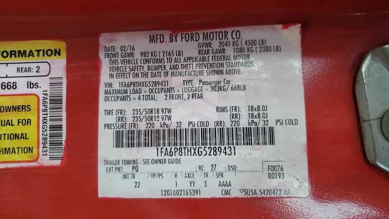 1FA6P8THXG5289431 Auction: EmiratesAuction Lot: 409754 1FA6P8THXG5289431 Ford Mustang 2016 RED Photo 3
