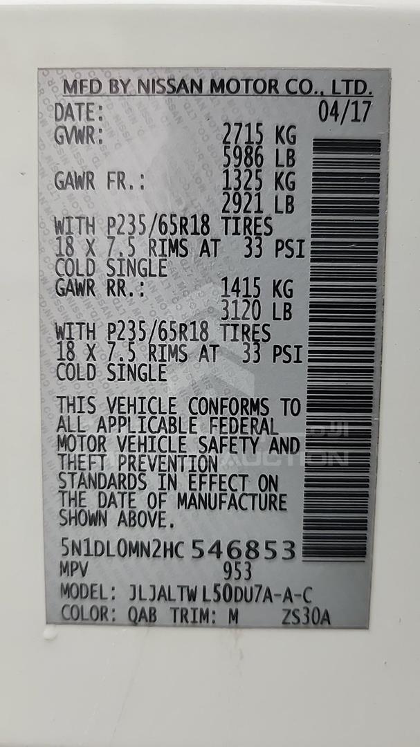 2017 INFINITI QX60 VIN: 5N1DL0MN2HC546853