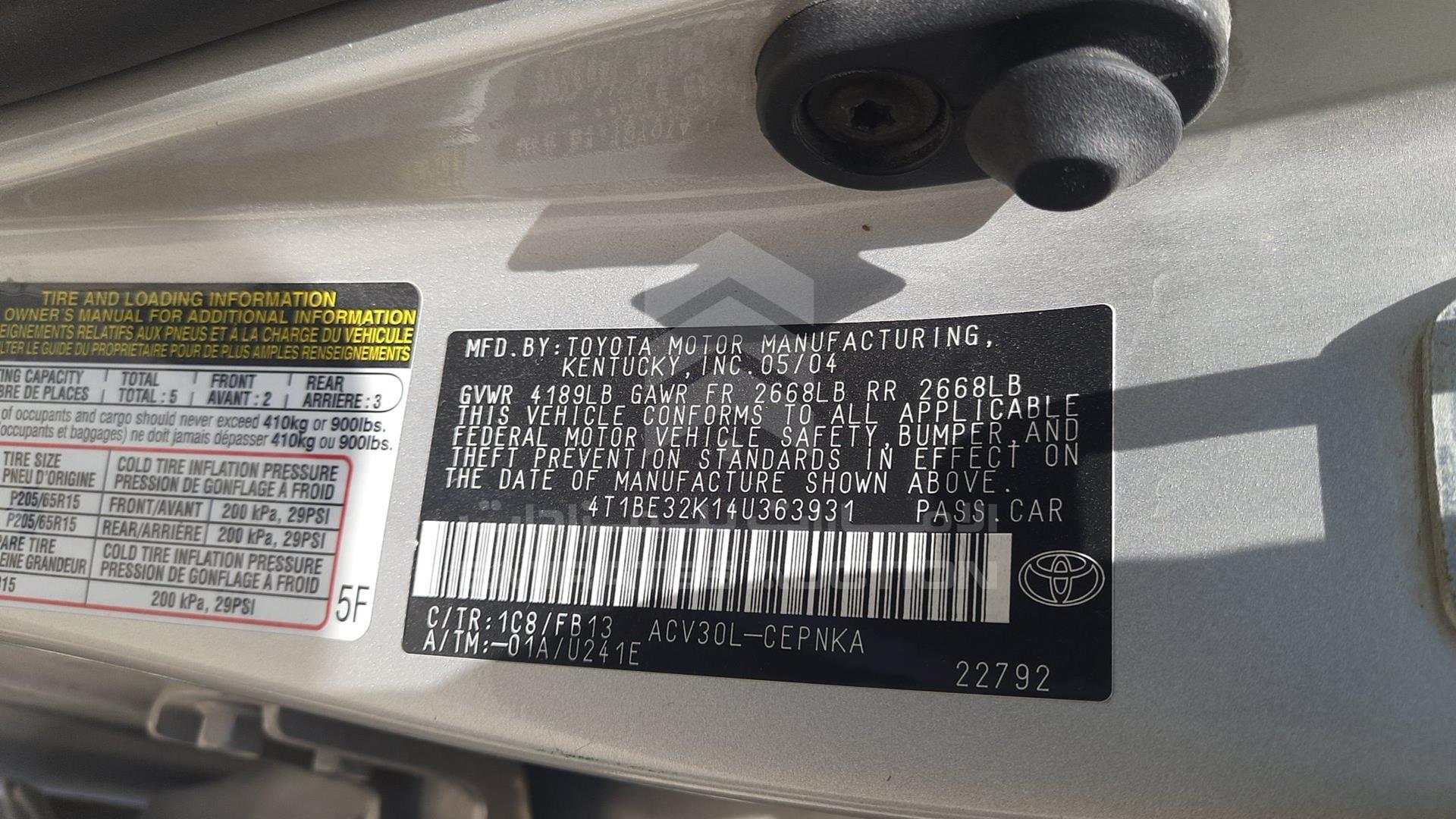 2004 TOYOTA CAMRY VIN: 4T1BE32K14U363931