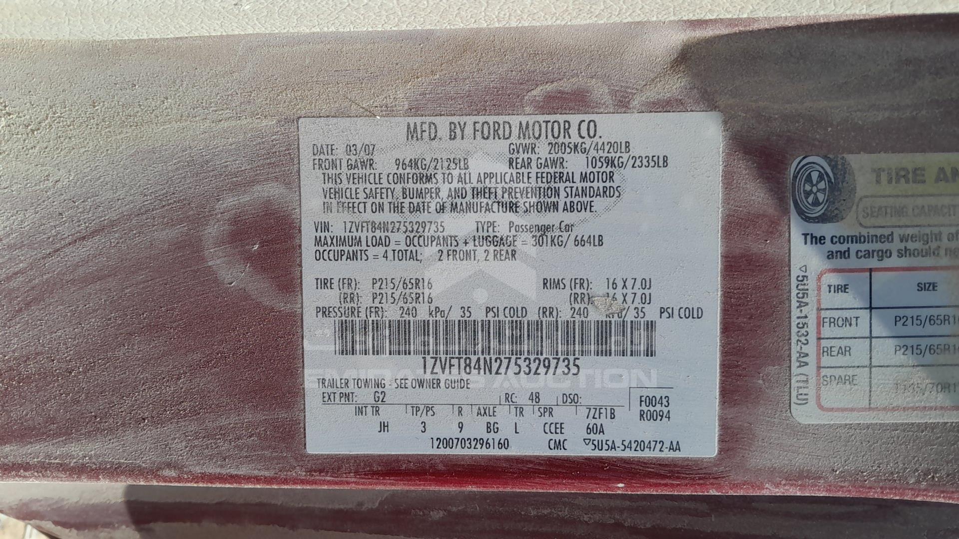 2007 FORD MUSTANG VIN: 1ZVFT84N275329735