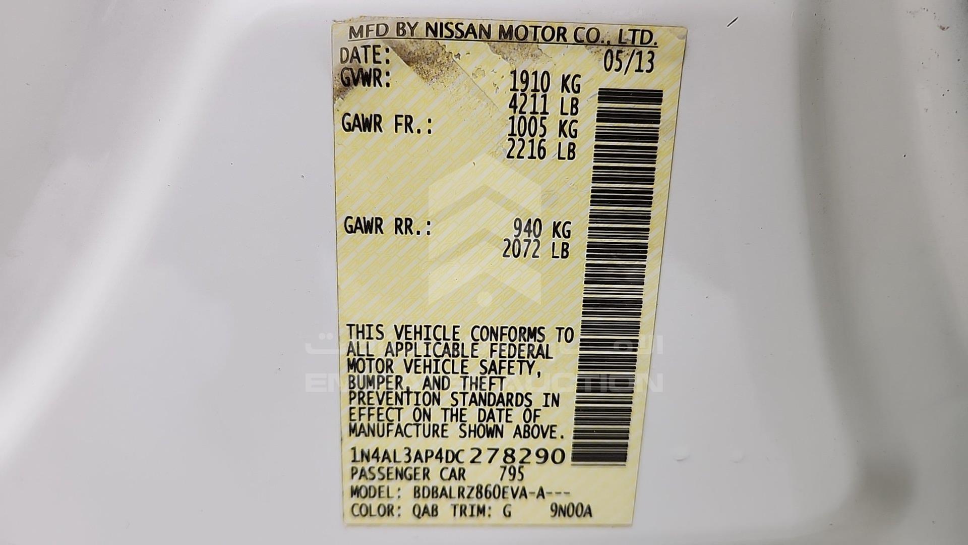 2013 NISSAN ALTIMA VIN: 1N4AL3AP4DC278290
