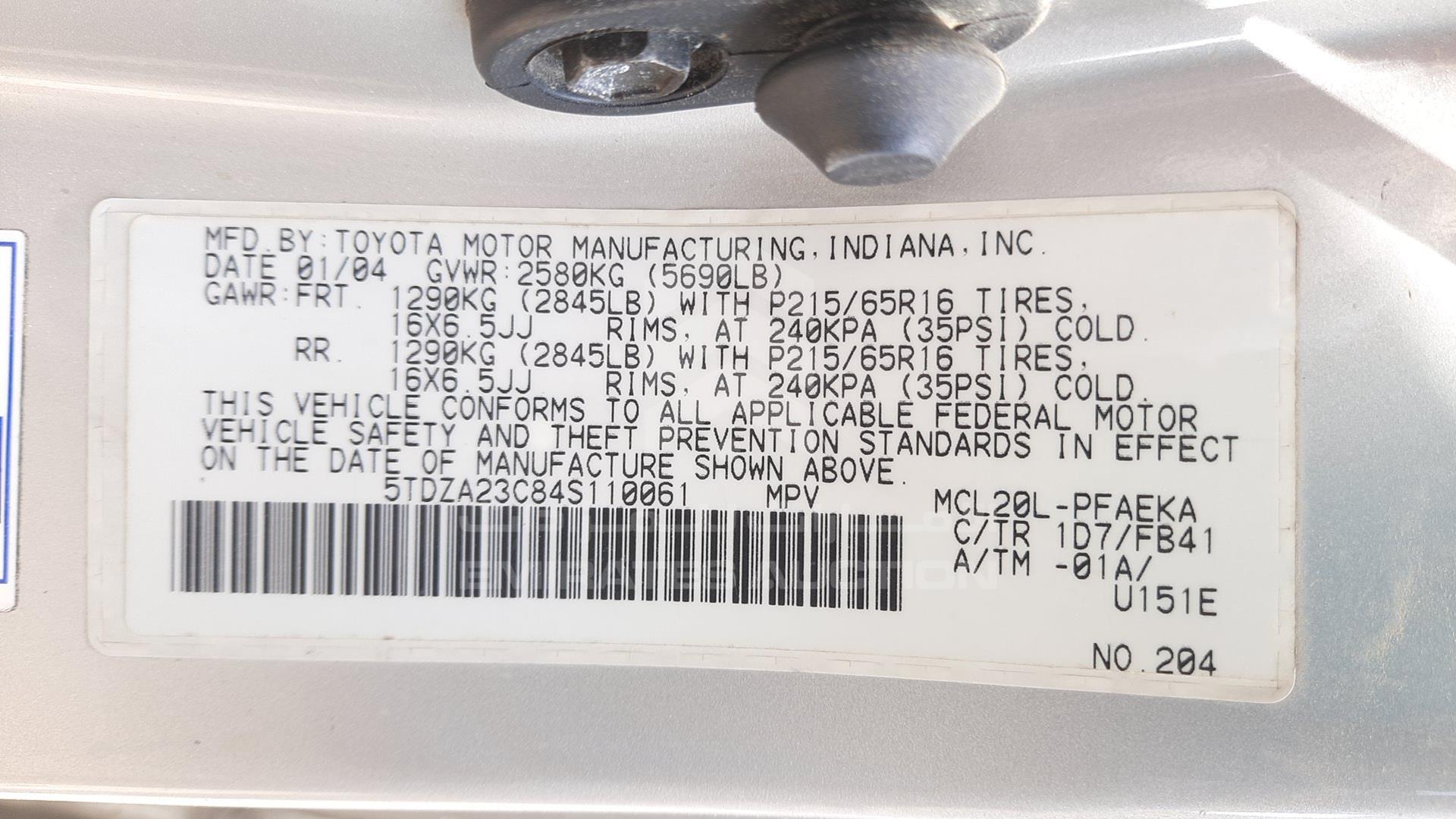 2004 TOYOTA SIENNA VIN: 5TDZA23C84S110061