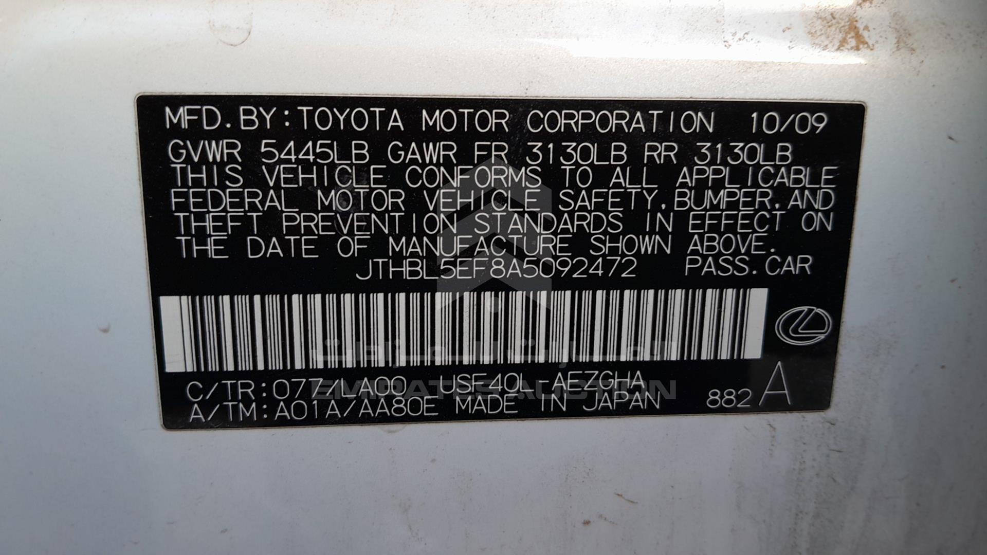 2010 LEXUS LS 460 VIN: JTHBL5EF8A5092472