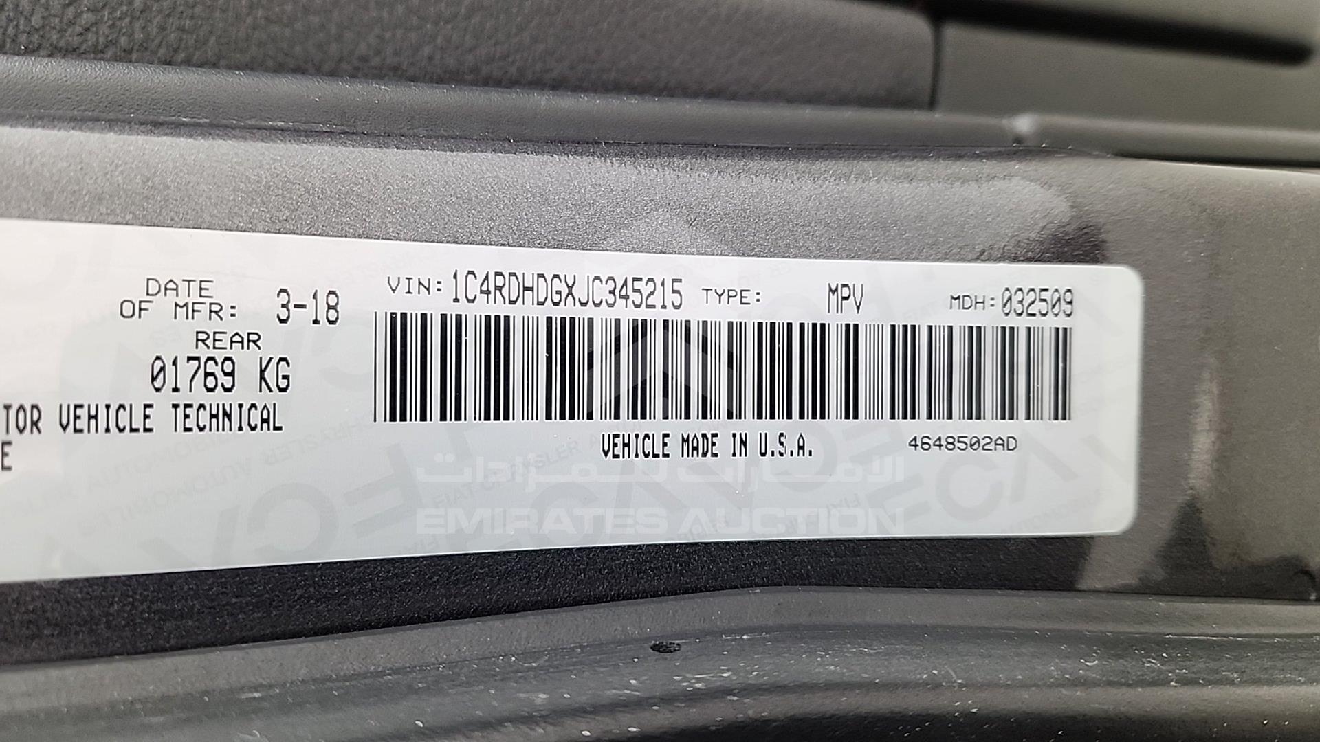 2018 DODGE DURANGO VIN: 1C4RDHDGXJC345215