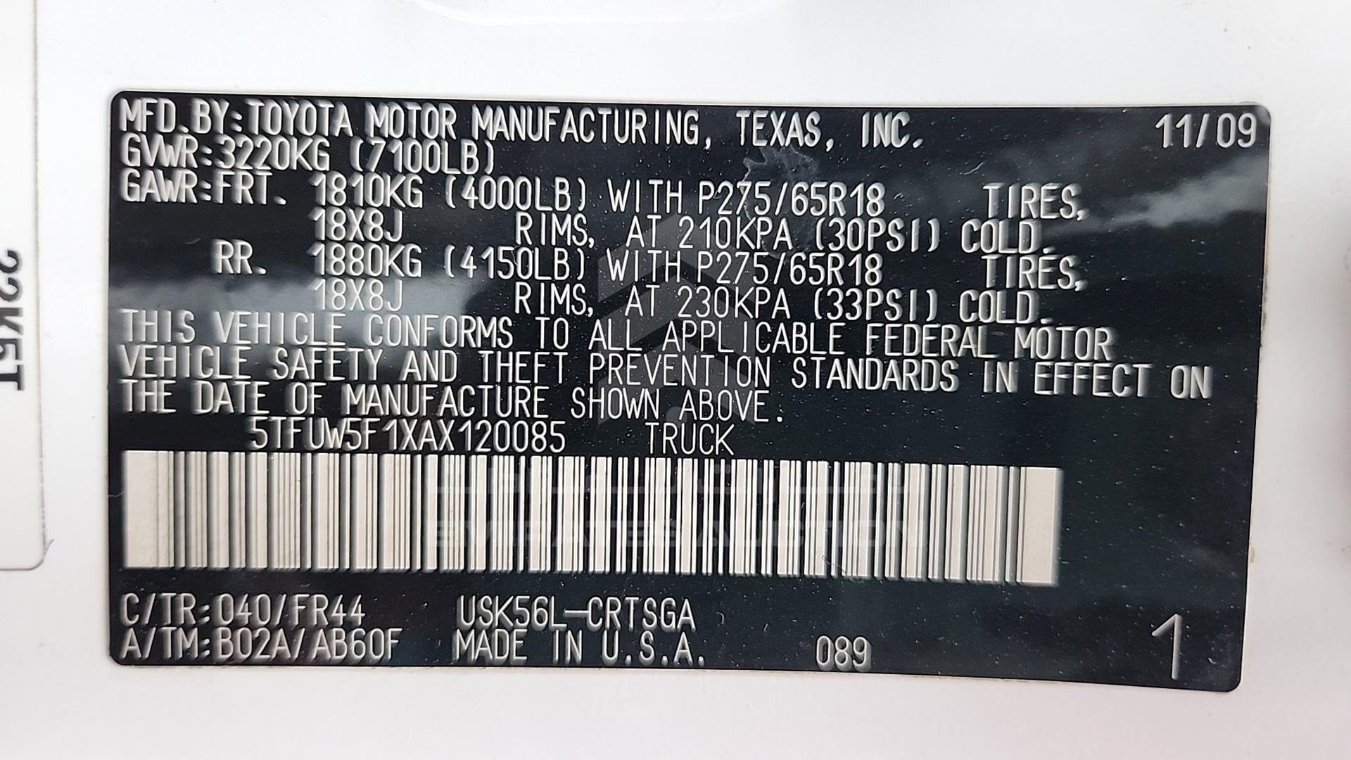 2010 TOYOTA TUNDRA VIN: 5TFUW5F1XAX120085