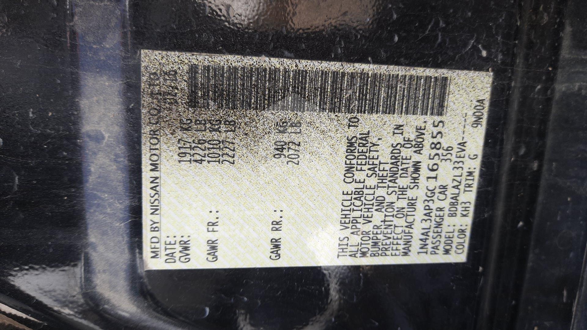 2016 NISSAN ALTIMA VIN: 1N4AL3AP3GC165855