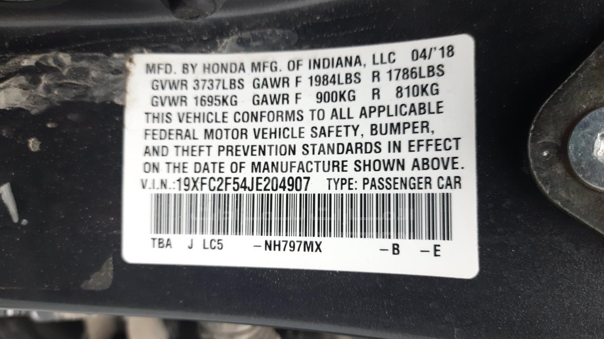 2018 HONDA CIVIC VIN: 19XFC2F54JE204907