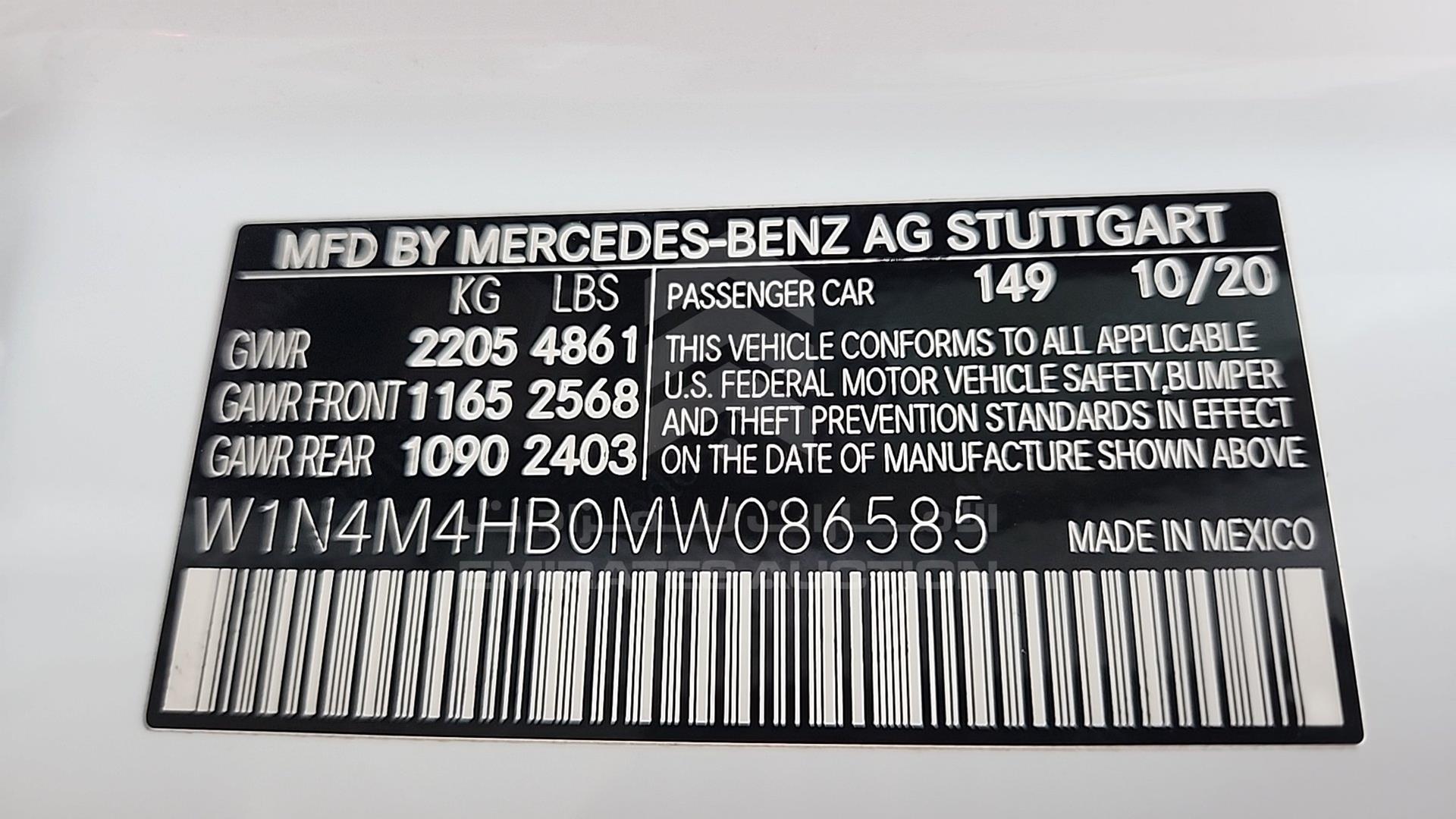 2021 MERCEDES GLB 250 VIN: W1N4M4HB0MW086585