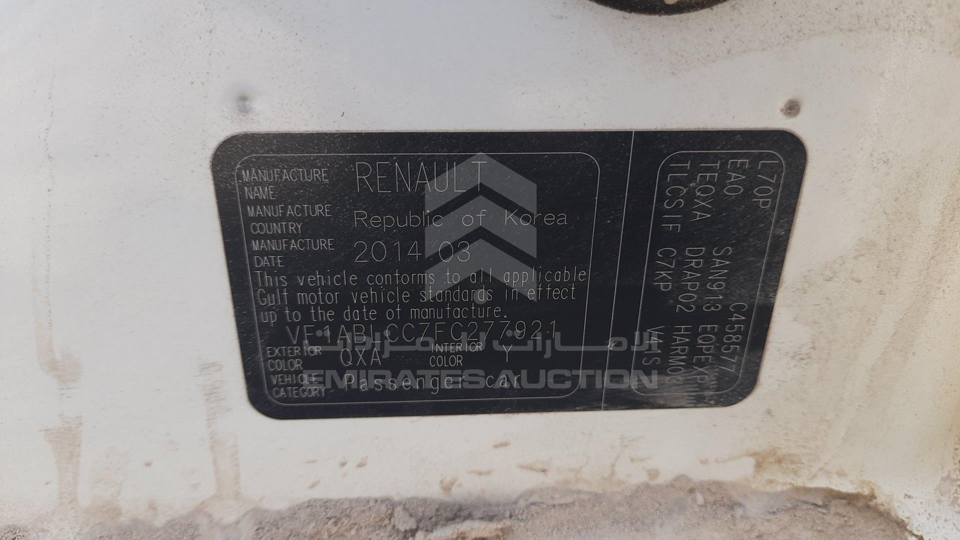 2015 RENAULT SAFRANE VIN: VF1ABLCC7FC277921