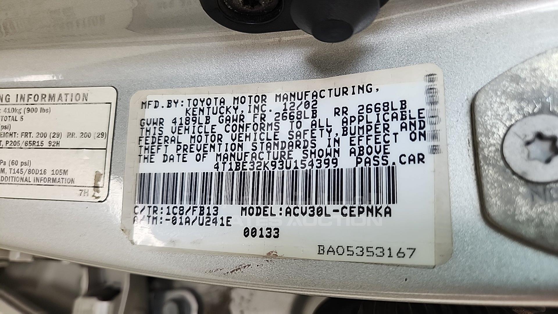 2003 TOYOTA CAMRY VIN: 4T1BE32K93U154399