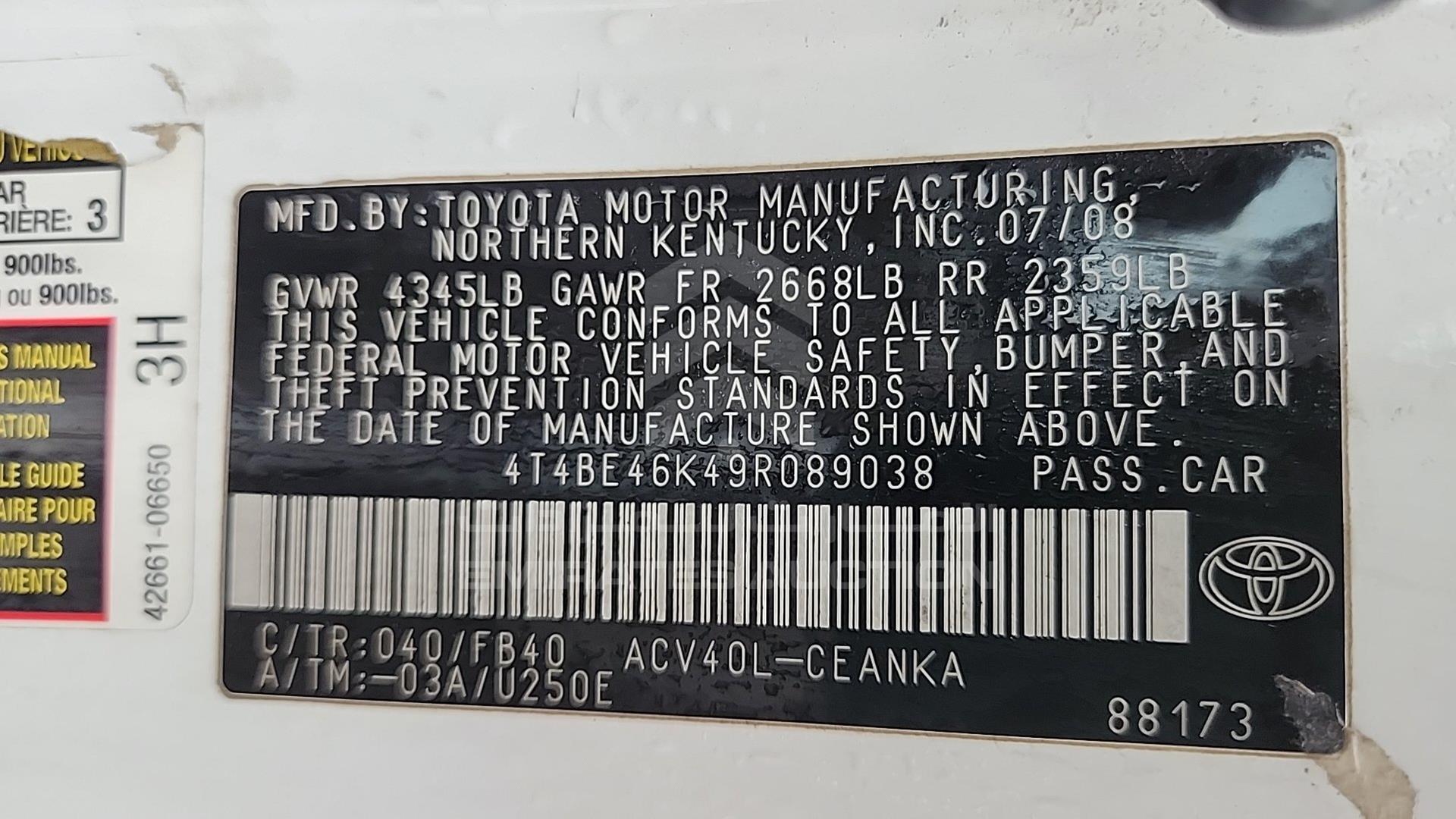 2009 TOYOTA CAMRY VIN: 4T4BE46K49R089038