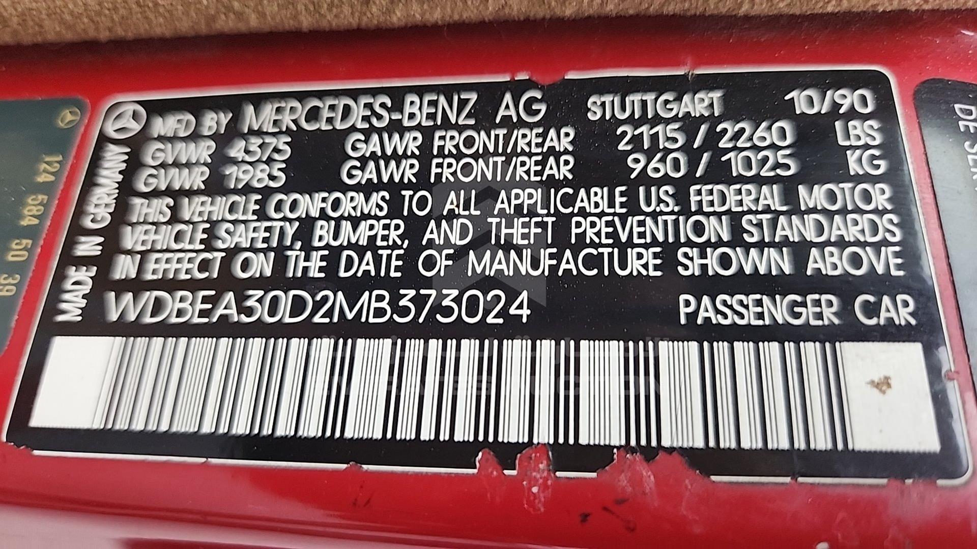 1991 MERCEDES E 300 VIN: WDBEA30D2MB373024