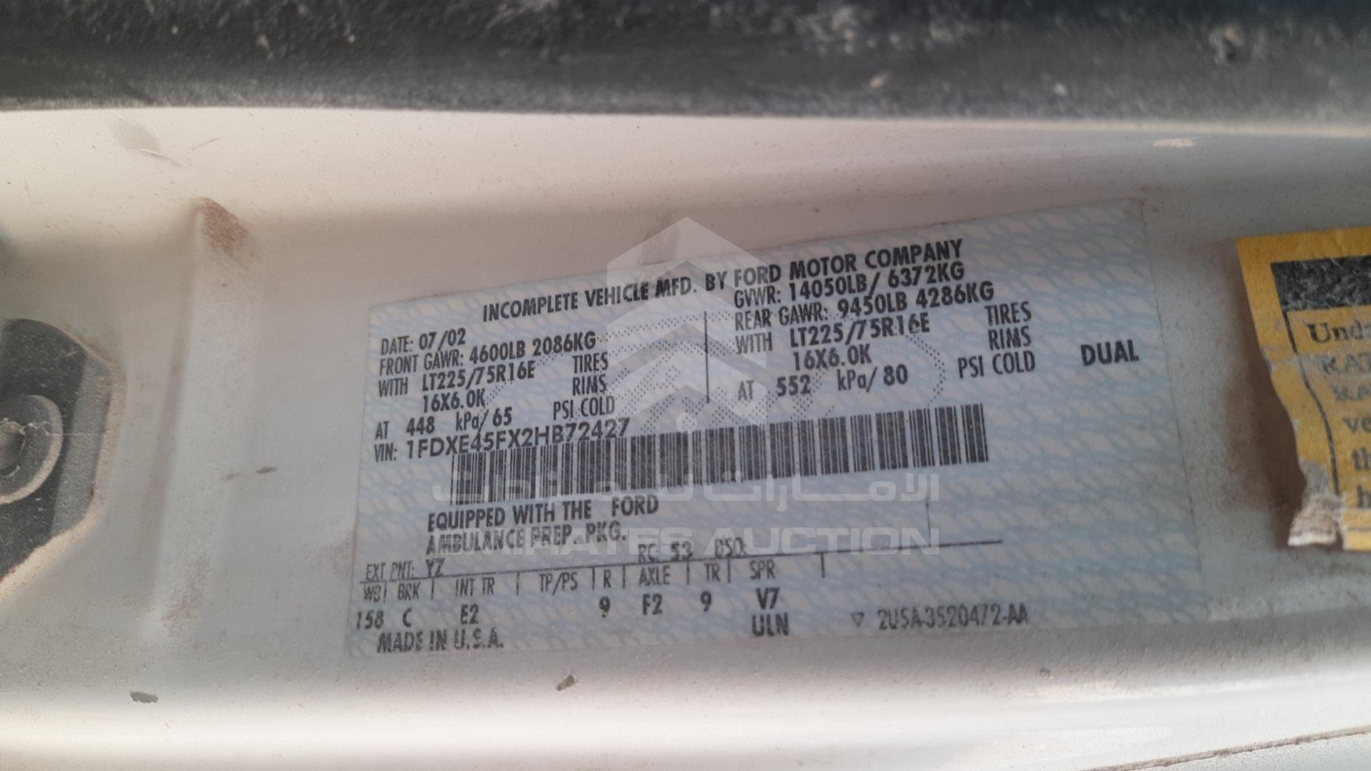 2002 FORD E450 VIN: 1FDXE45FX2HB72427