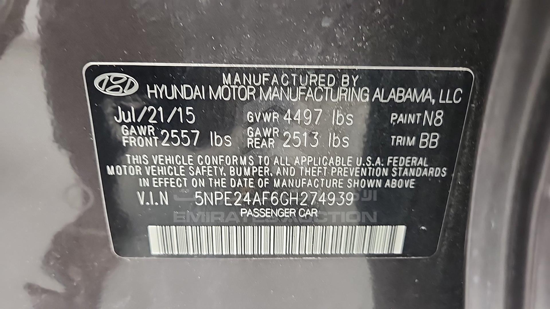 2016 HYUNDAI SONATA VIN: 5NPE24AF6GH274939