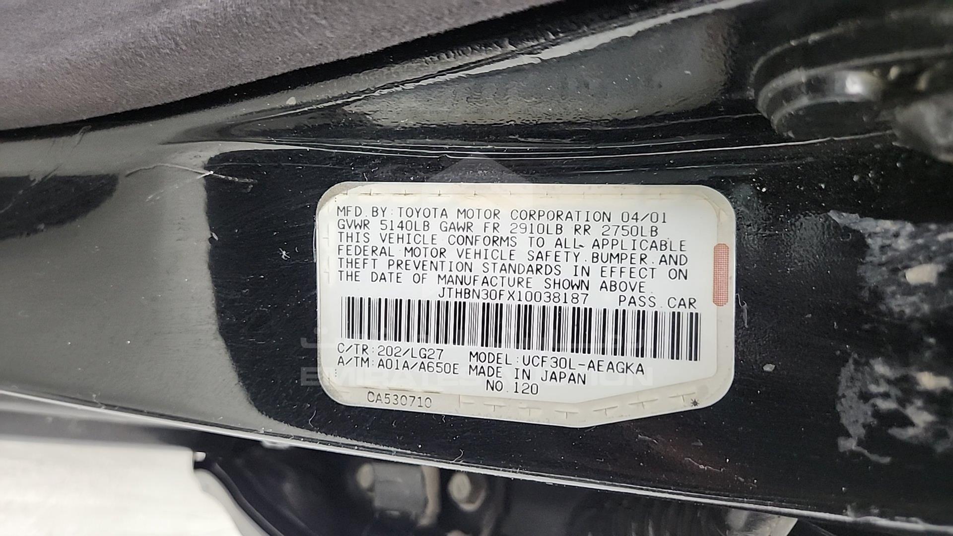 2001 LEXUS LS 430 VIN: JTHBN30FX10038187