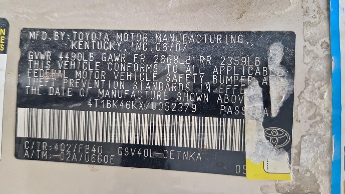2007 Toyota Camry — VIN on Frame — Photo 2