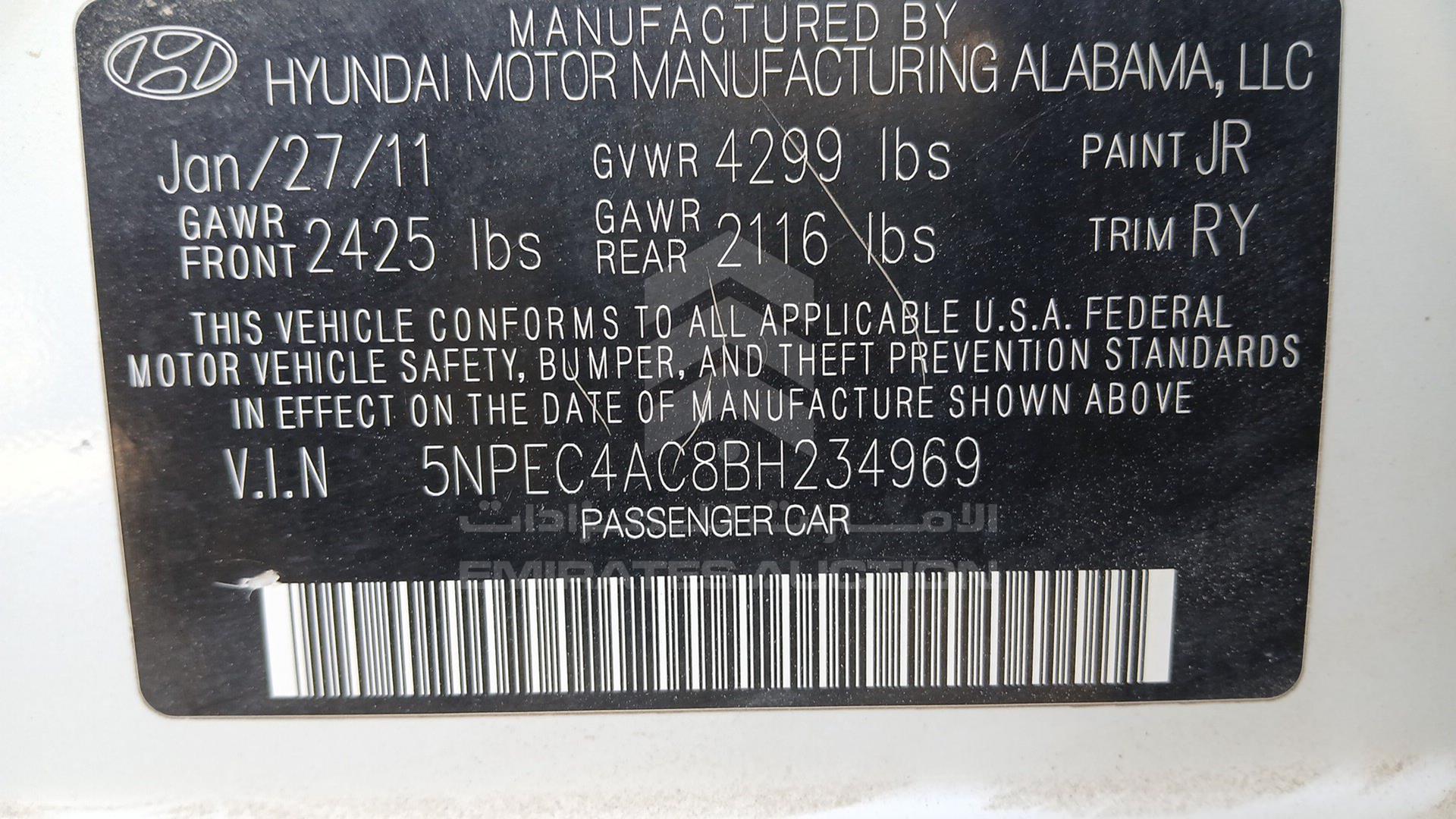 2011 HYUNDAI SONATA VIN: 5NPEC4AC8BH234969
